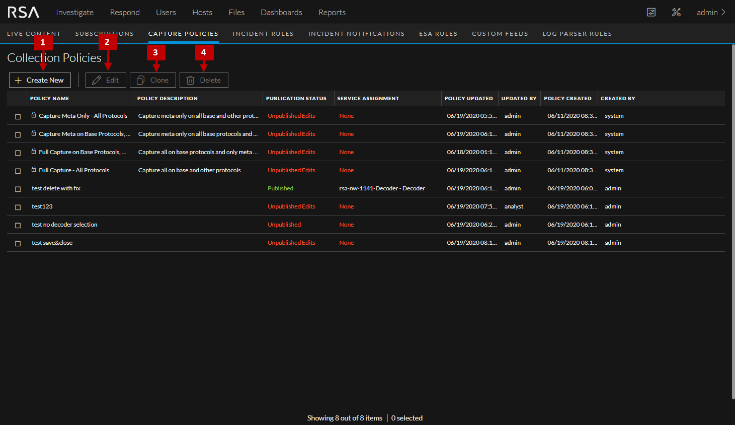 Services Config View - Capture Policies Tab