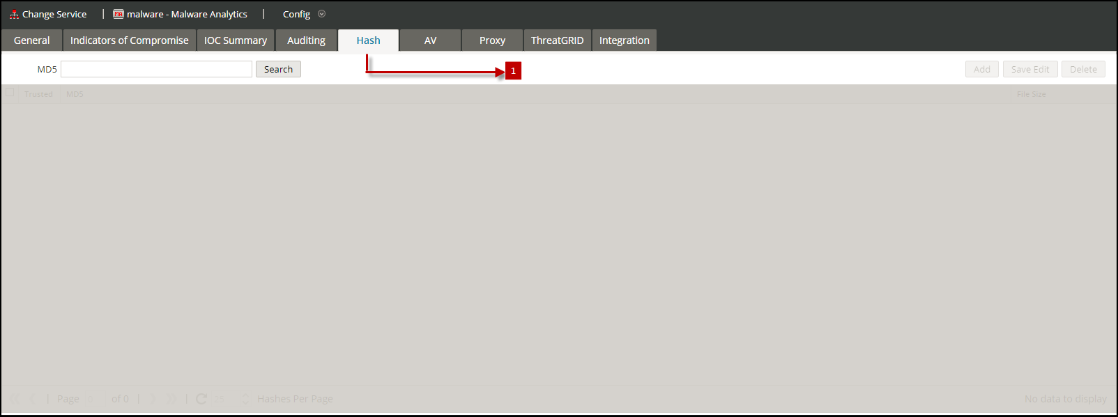 Services Config View - Hash Tab