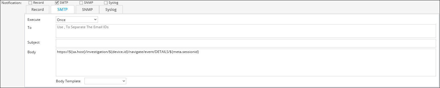 Mail Table Alert Create or Modify Alert Panel
