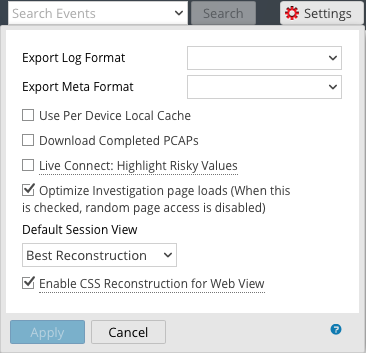 Example Netwitness Log Settings Dialogs for Investigate Views