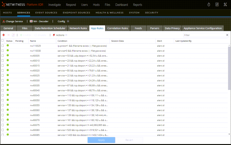 Services Config View - App Rules Tab