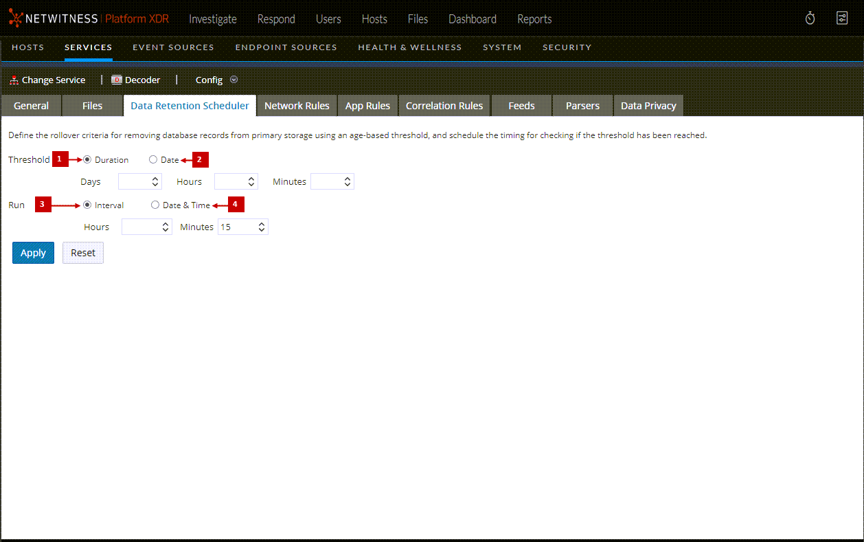 Services Config View - Data Retention Scheduler