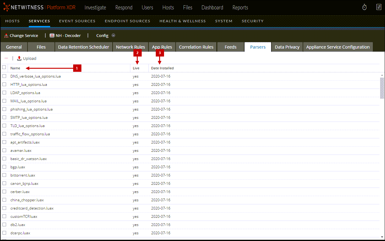 Services Config View - Parsers Tab