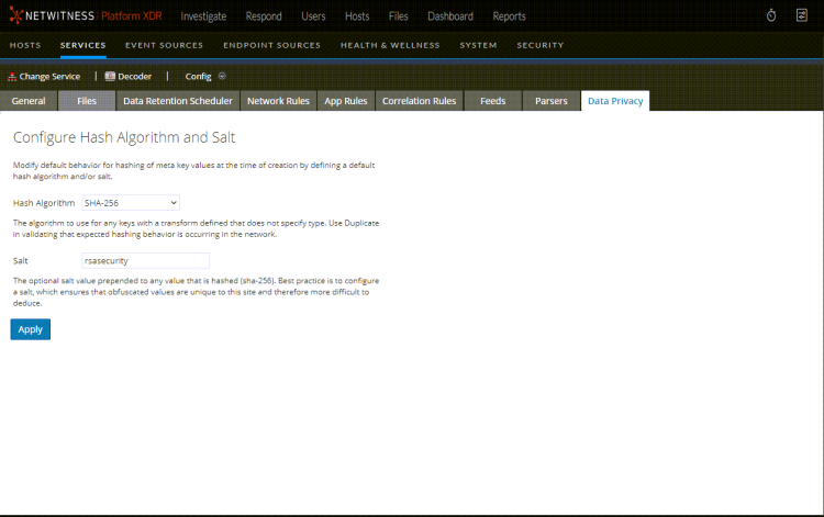 Services Config View - Data Privacy Tab