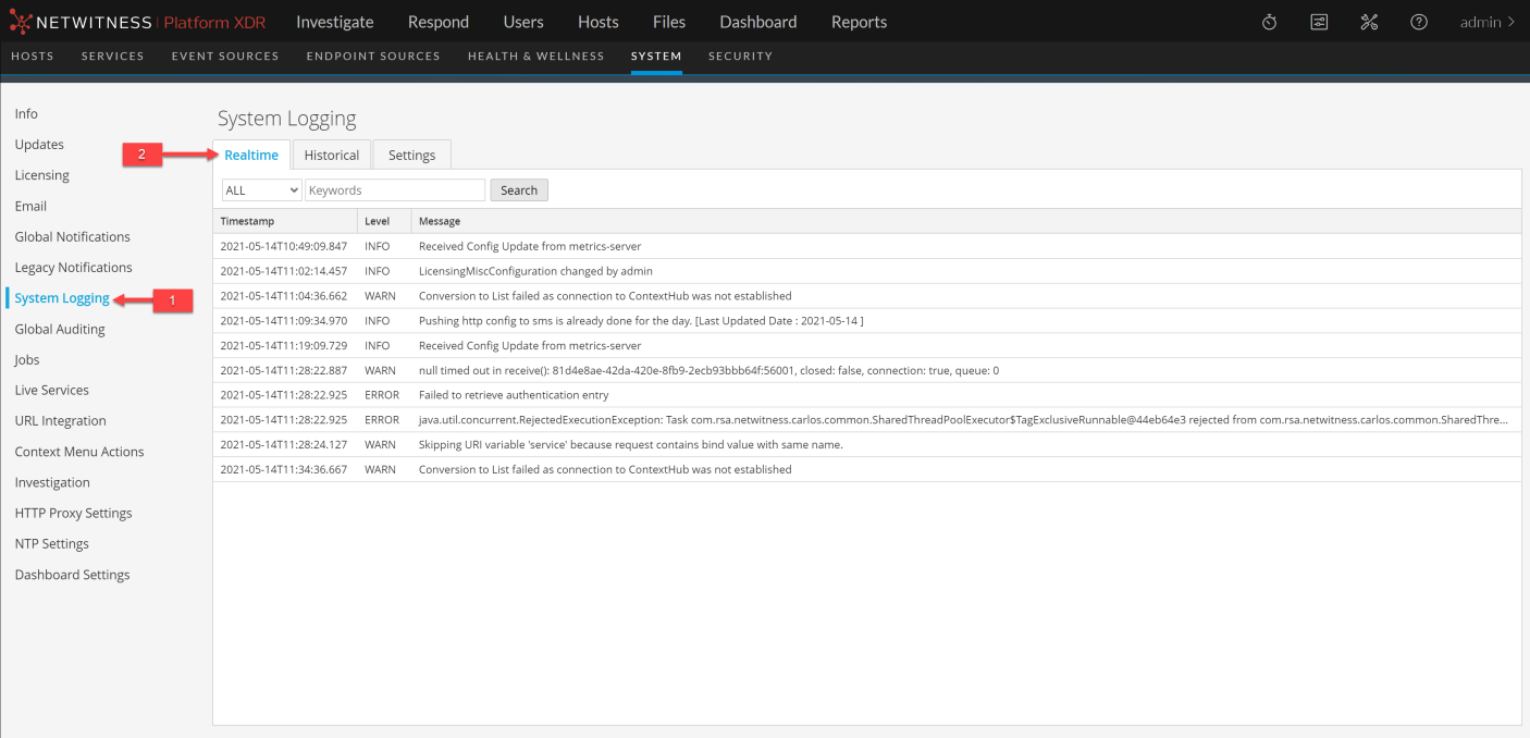 Example Netwitness Log System Logging - Realtime View