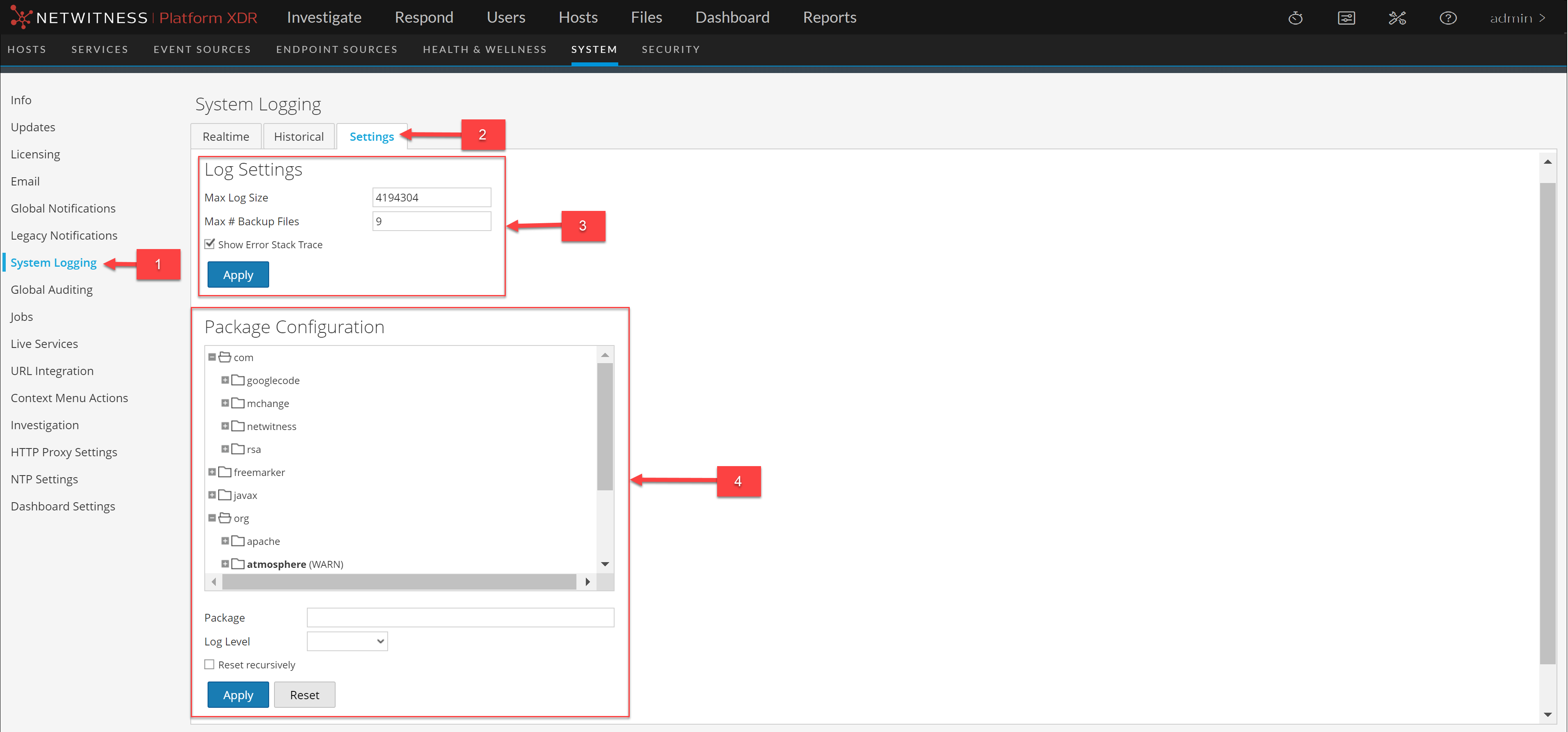 System Logging - Settings View