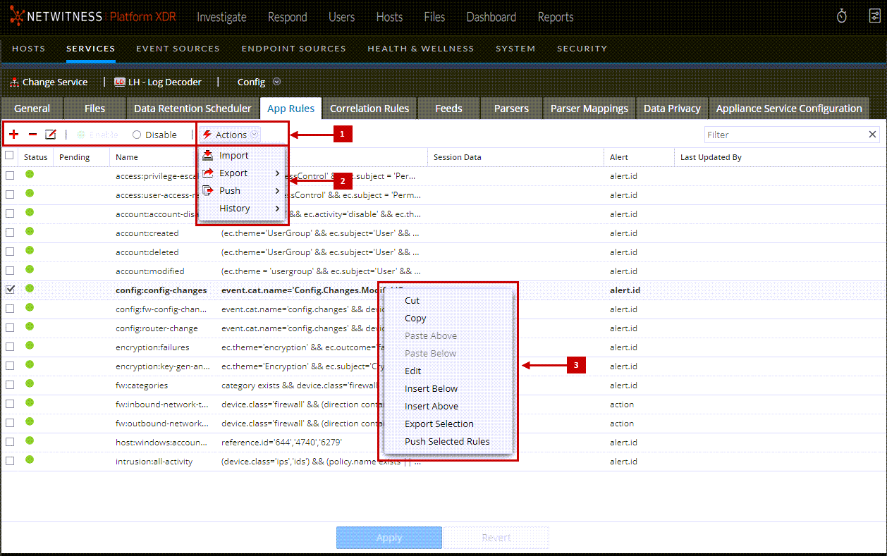Services Config View - Rules Tab