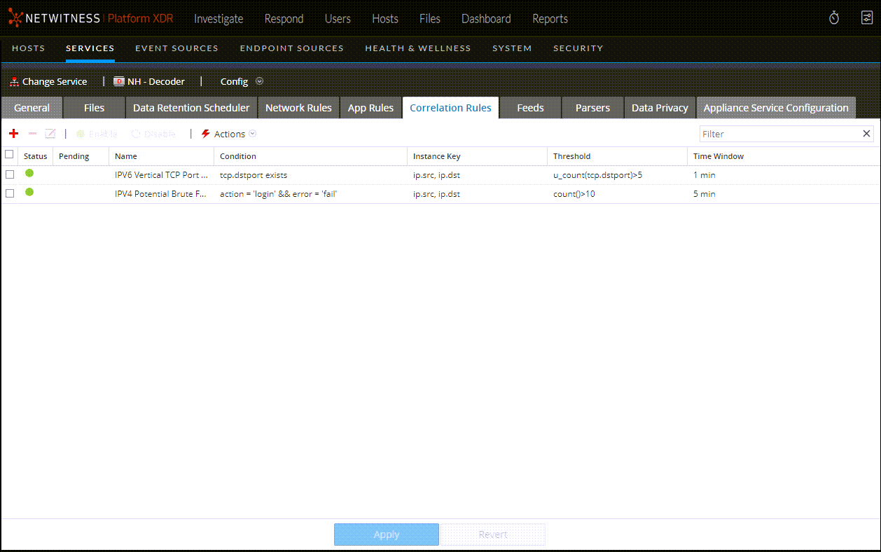 Services Config View - Correlation Rules Tab