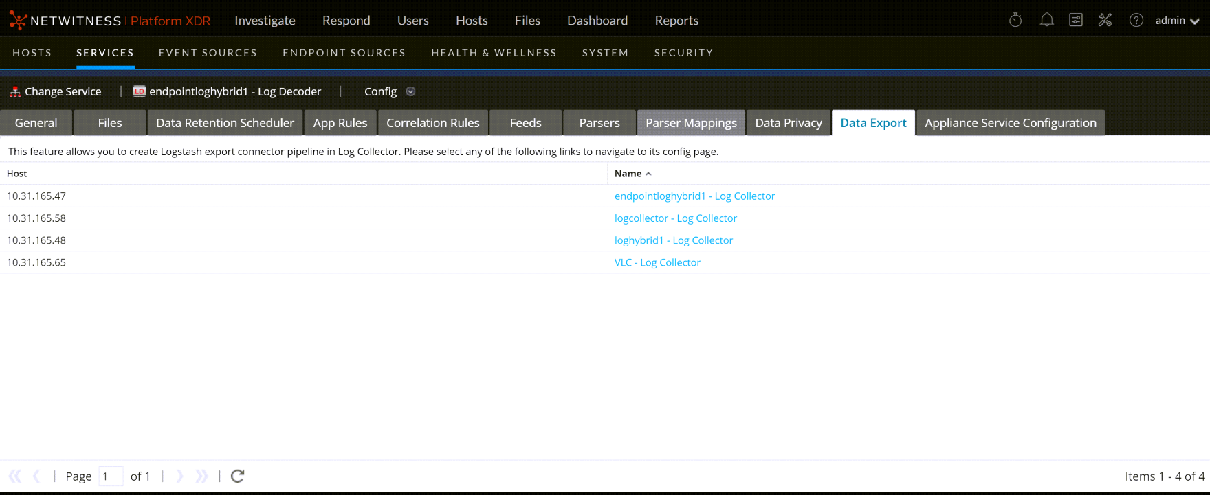 Services Config View - Data Export Tab