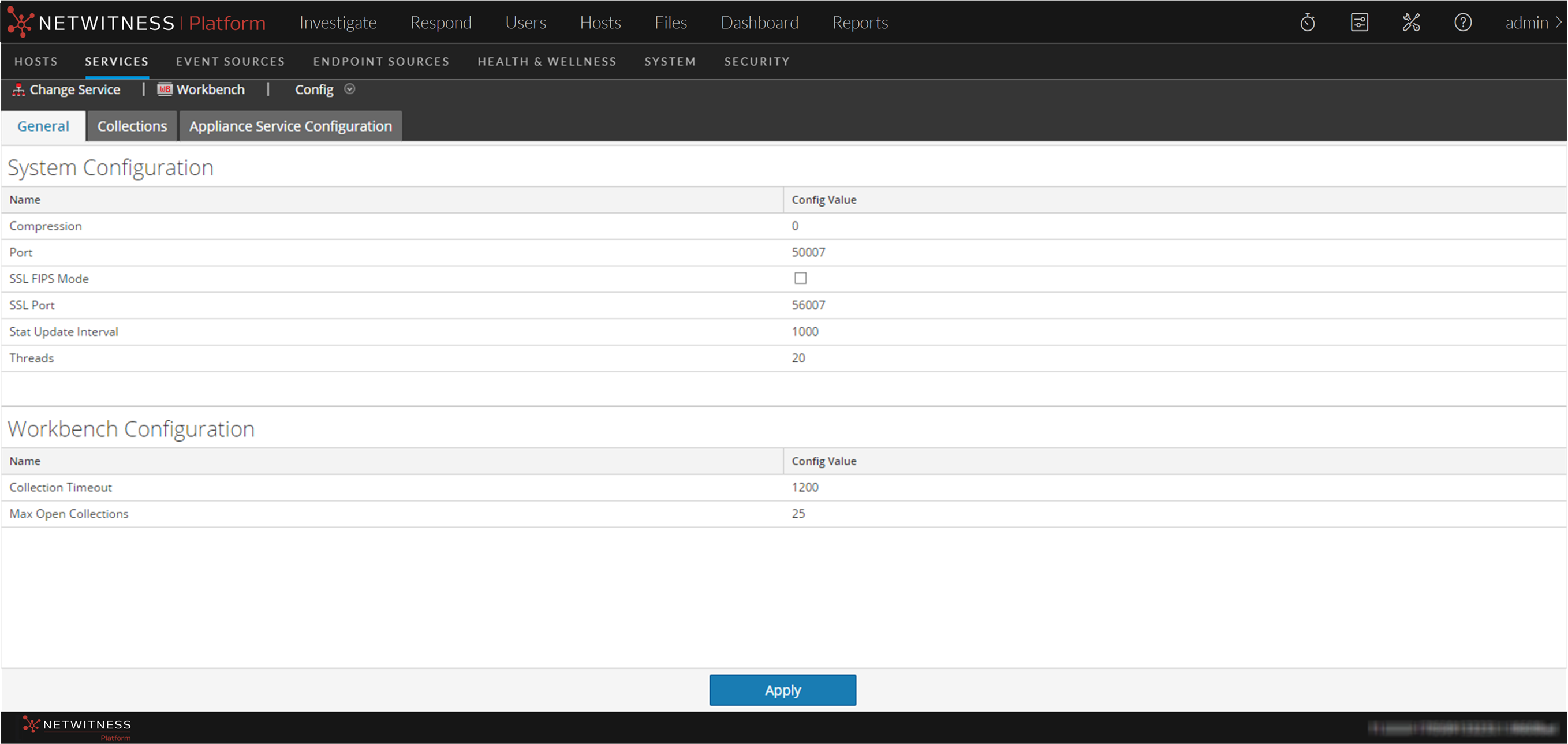 Services Config View - General Tab