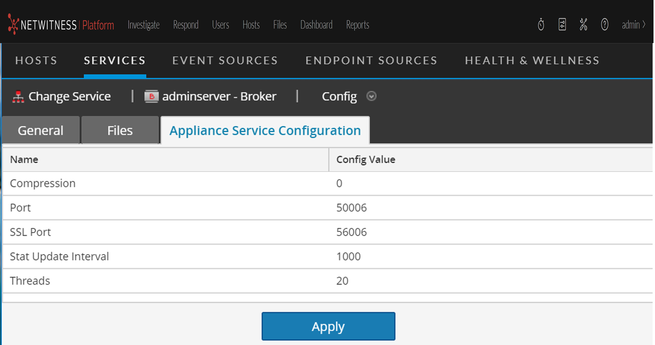 Services Config View - Appliance Service Configuration Tab