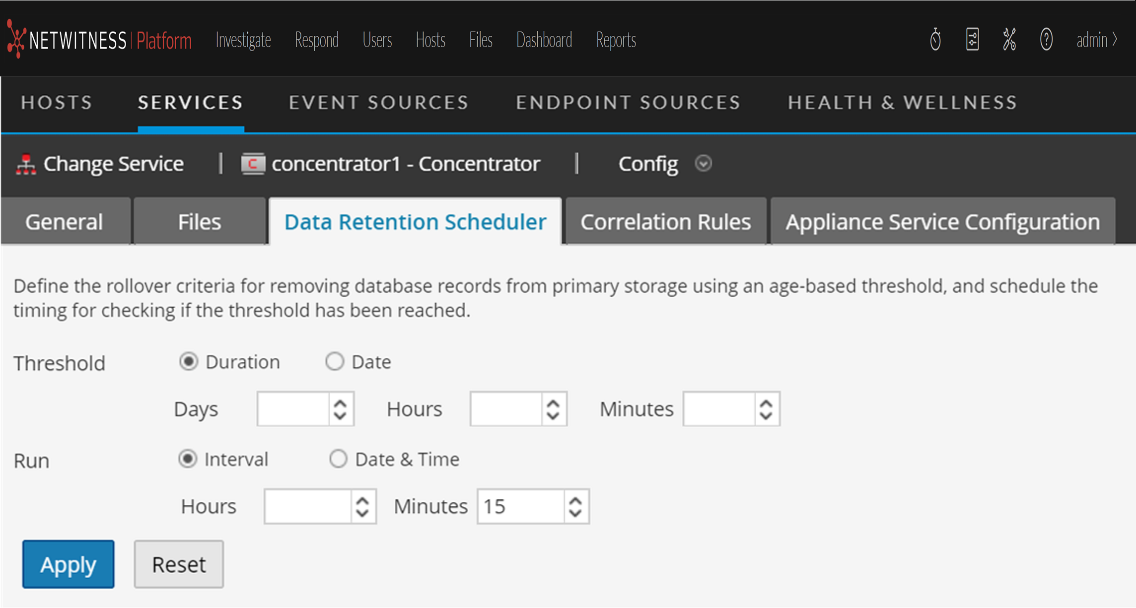 Services Config View - Data Retention Scheduler Tab