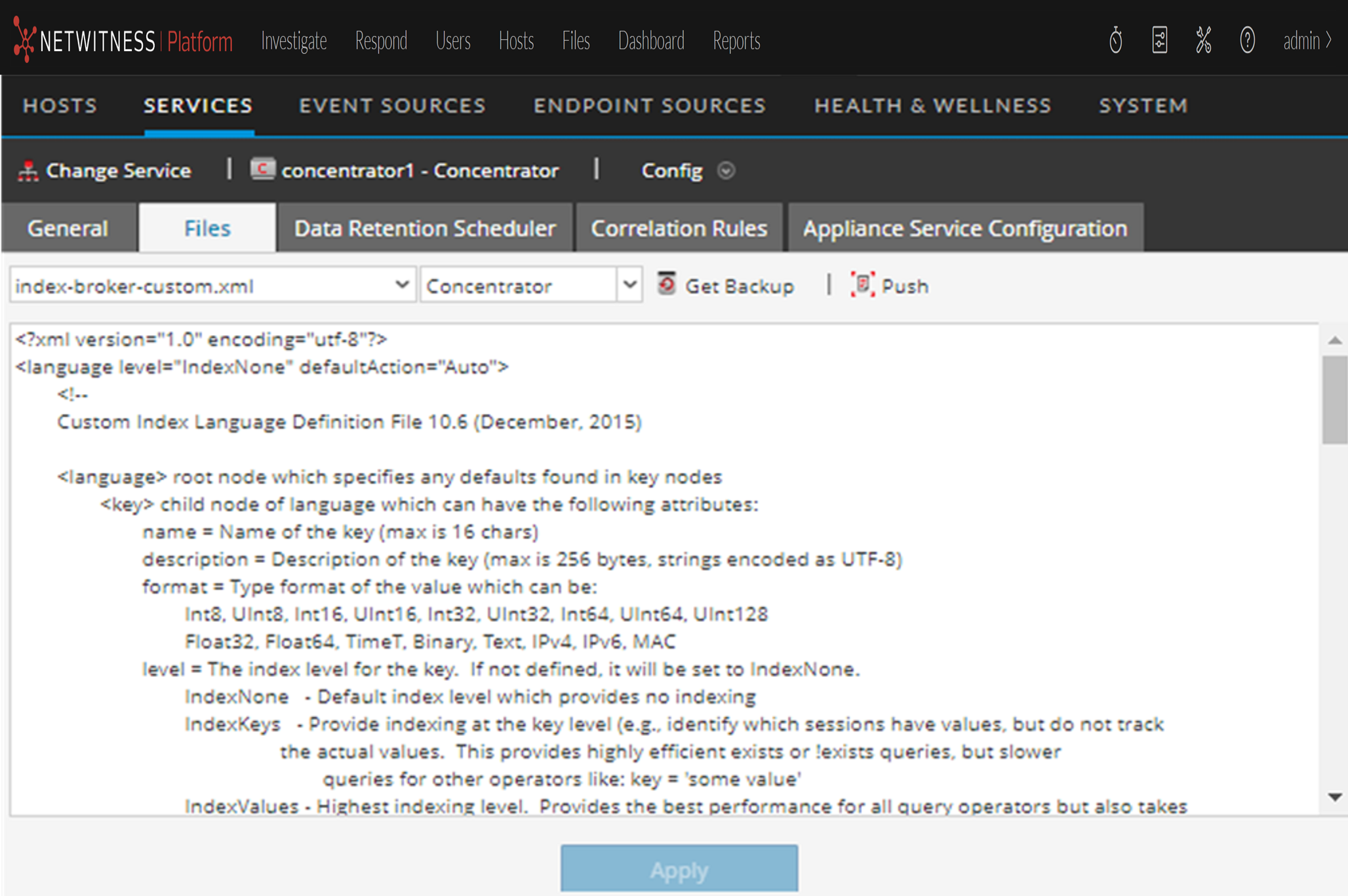 Services Config View - Files Tab