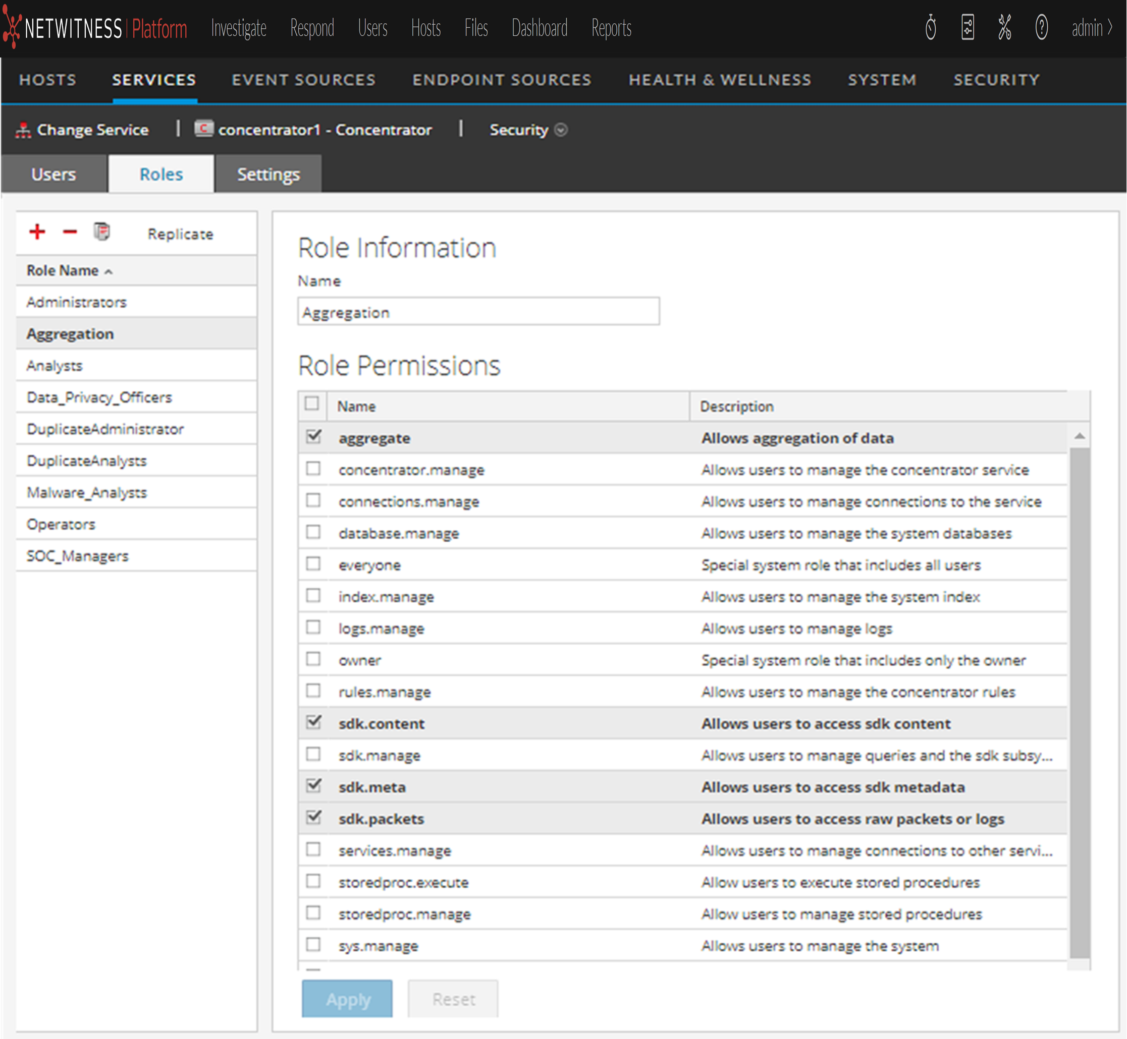 Services Security View - Settings Tab