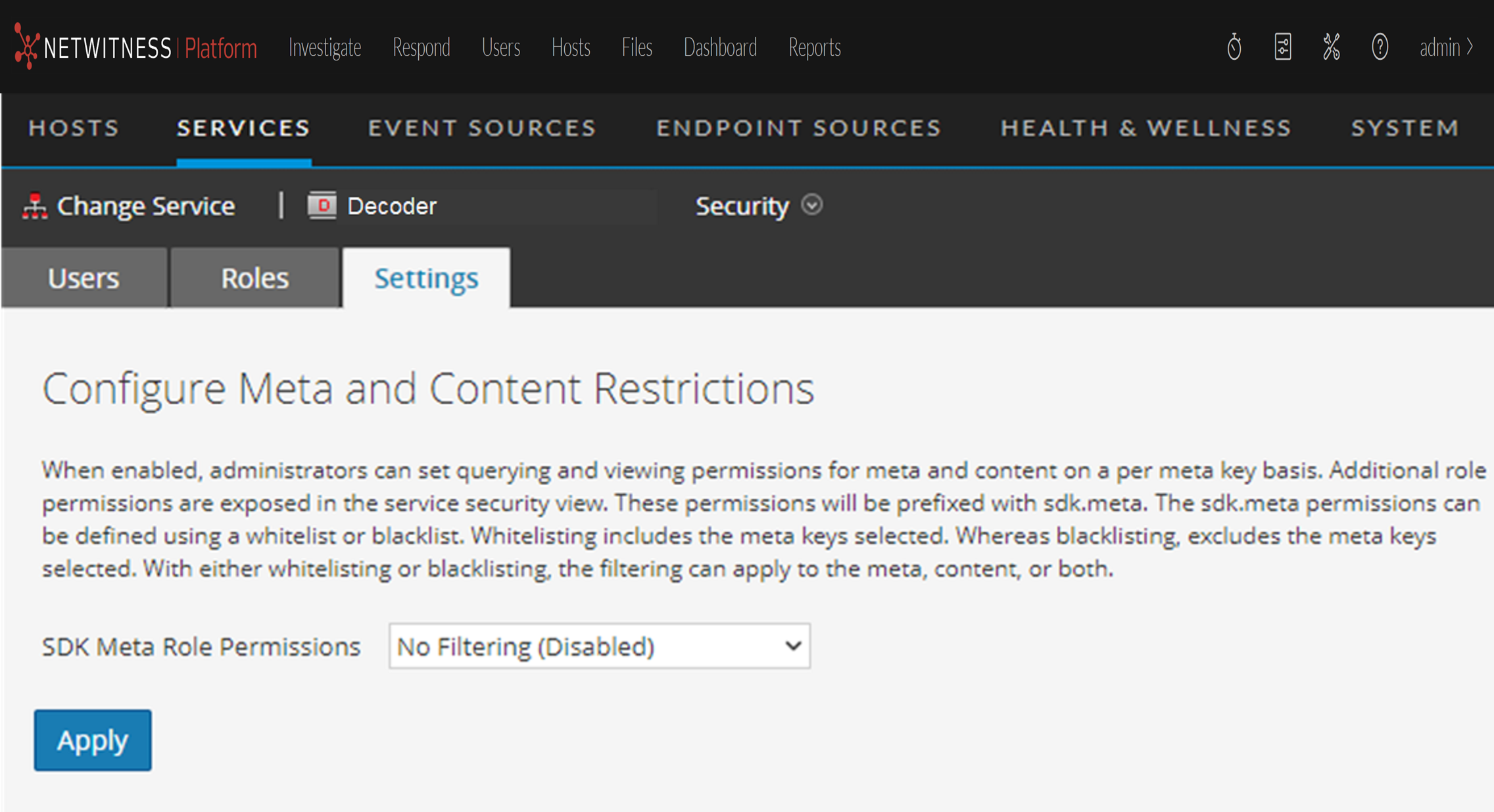 Services Security View - Settings Tab
