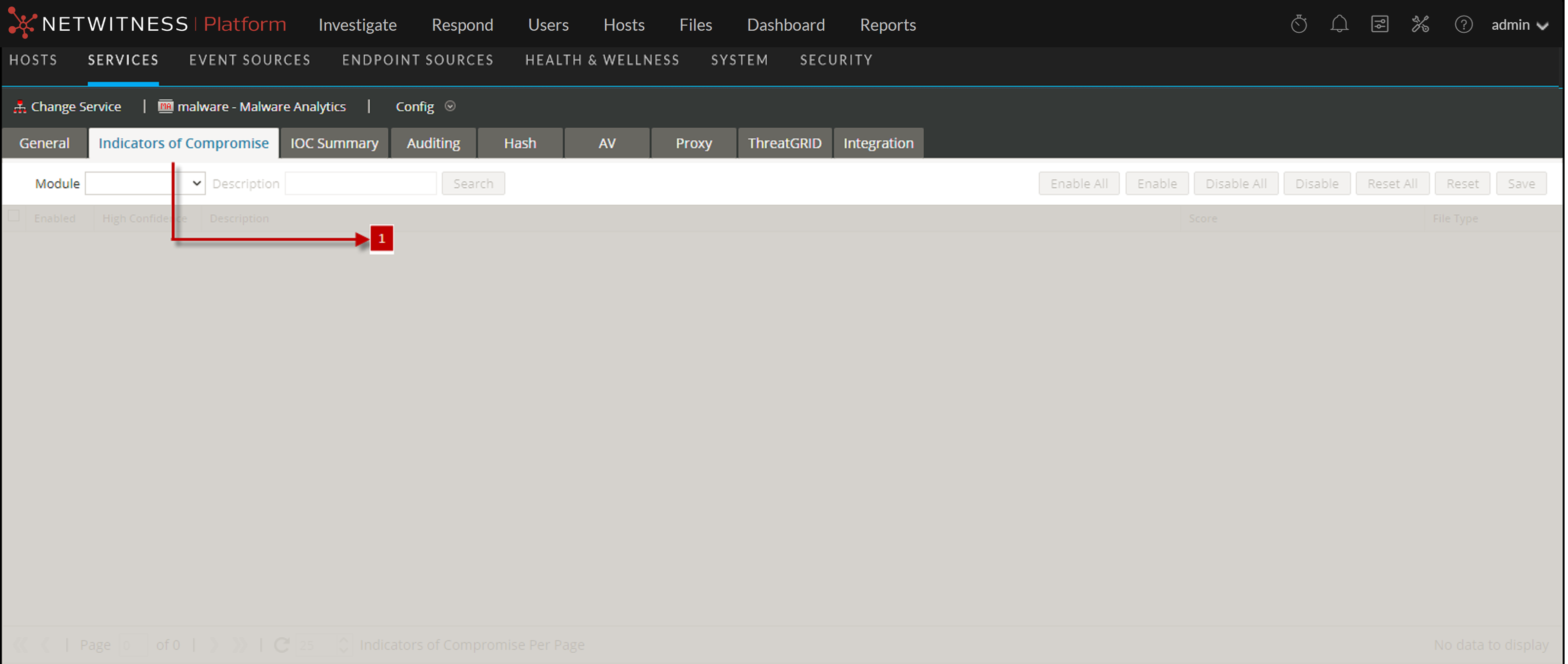 Services Config View - Indicators of Compromise Tab