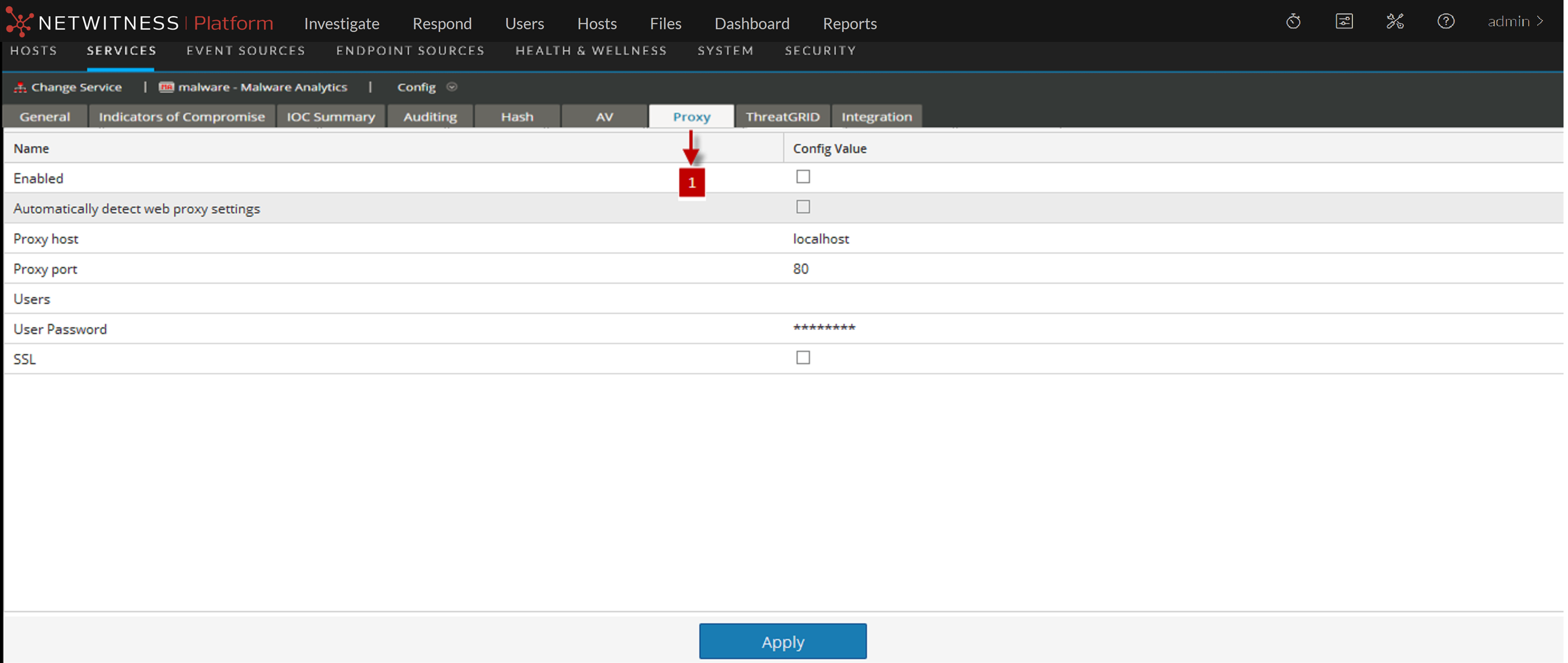 Services Config View - Proxy Tab