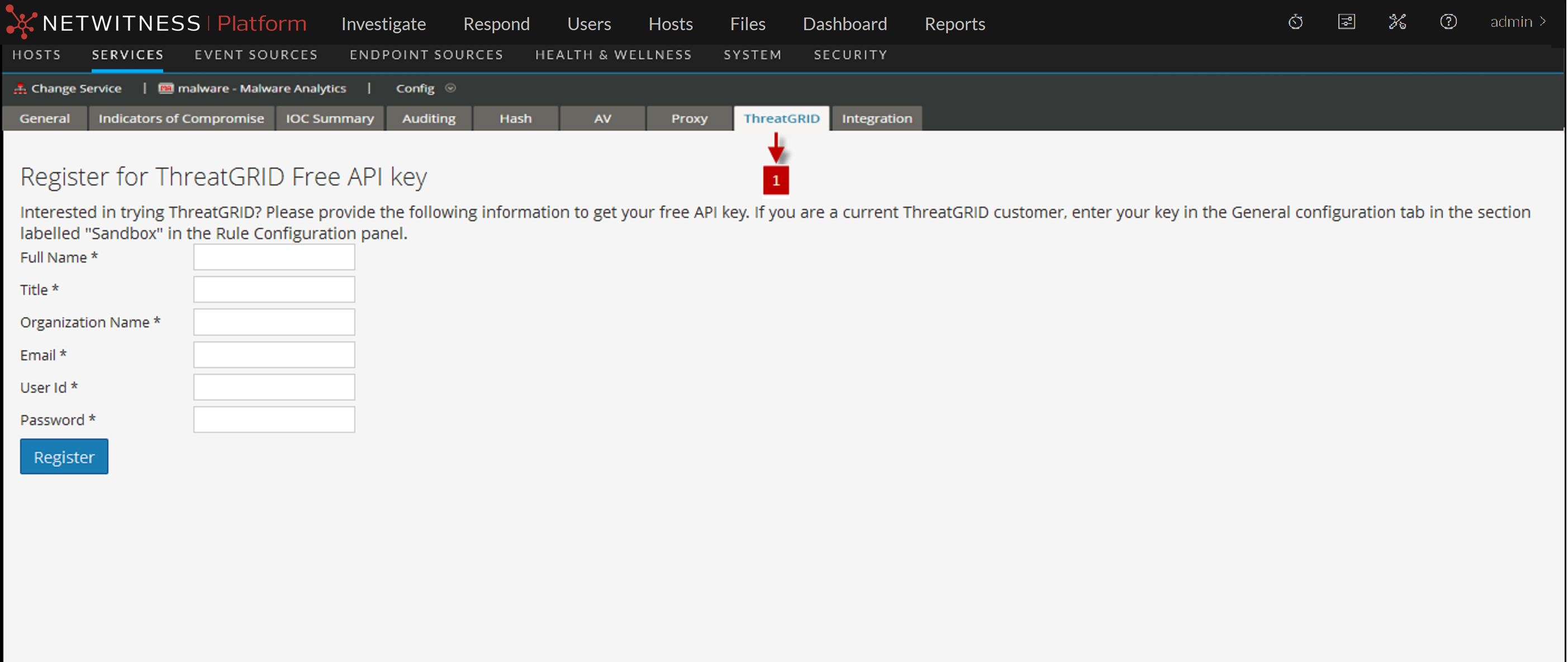 Services Config View - ThreatGRID Tab