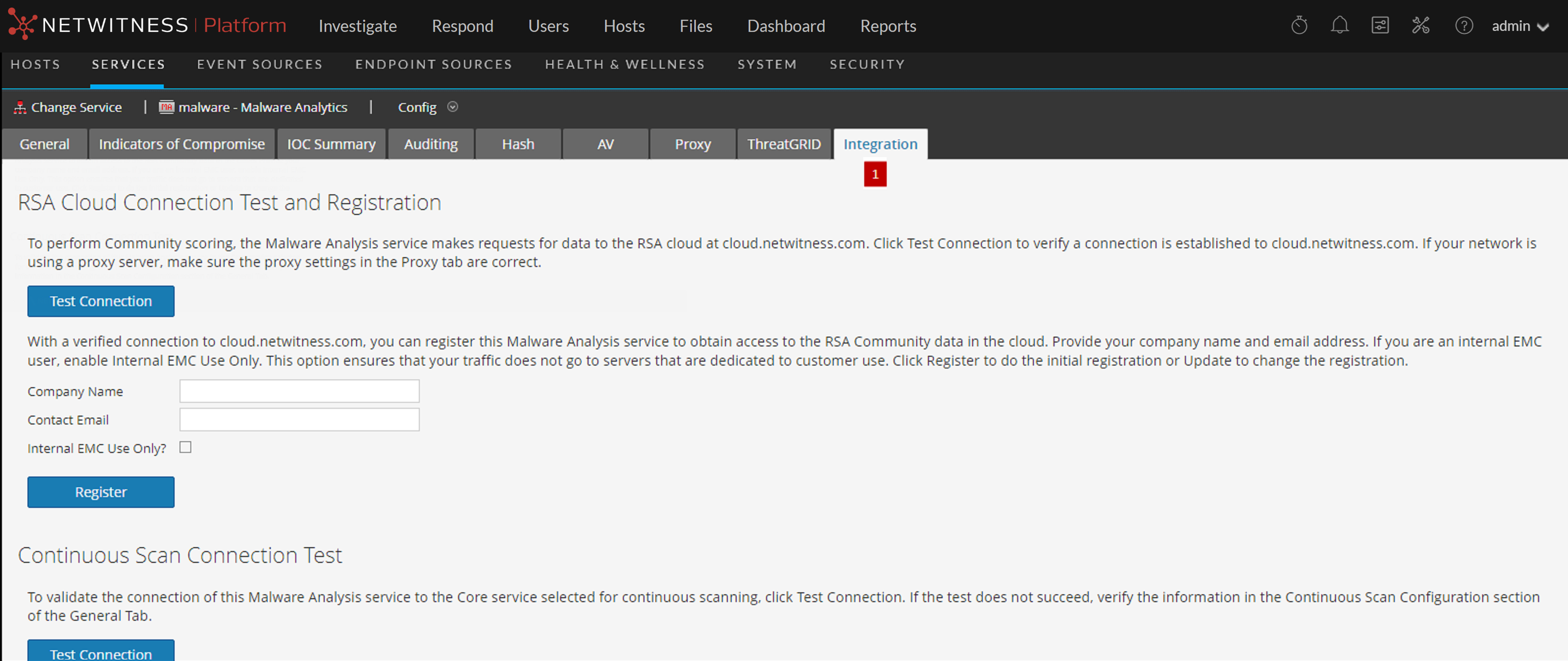 Services Config View - Integration Tab