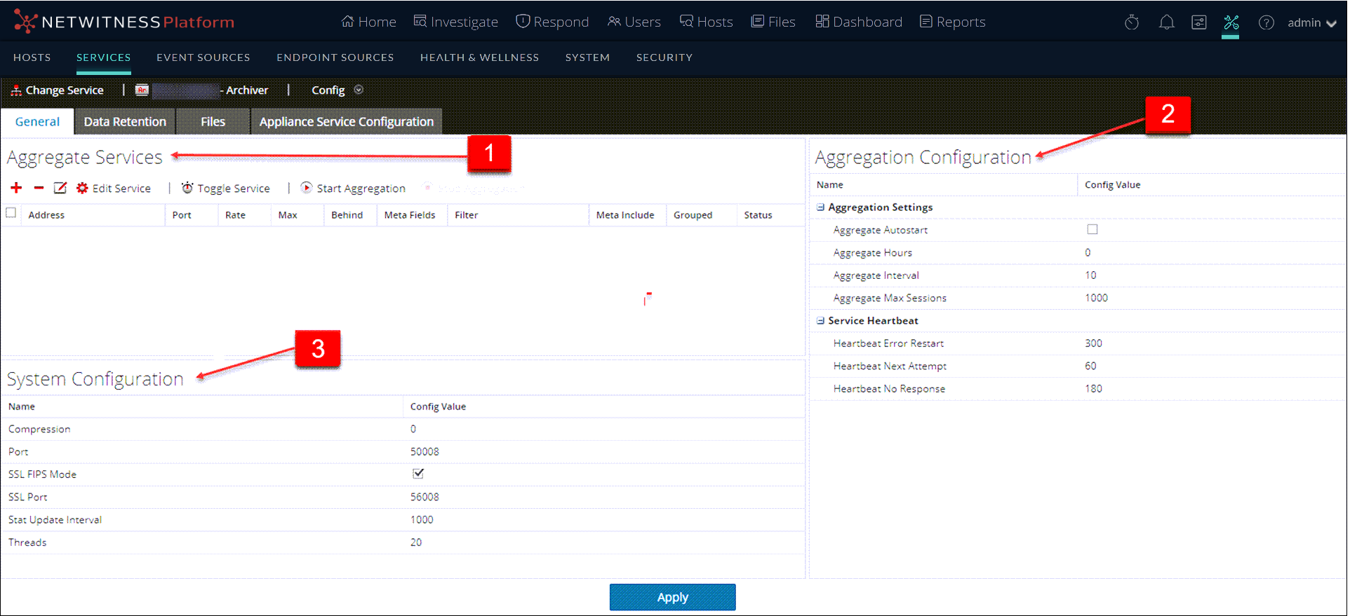 Archiver Services Config View - General Tab